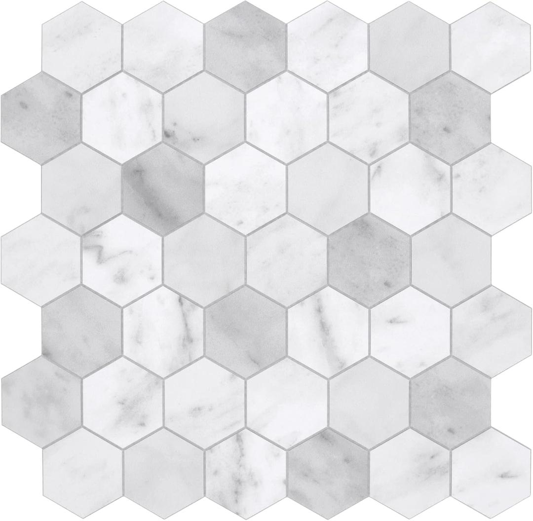 The Tiles Plaza Backsplash Tile for Kitchen Peel and Stick White Hexagon Marble Self Adhesive Wall Tile Stone Composite Stick On Decorative Mosaic Tile for Bathroom, Fireplace, 10 Sheets, 9 Sq Ft.