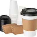 RACETOP 12 oz 50 pack Disposable Paper Coffee Cups with Lids and Sleeves (White)