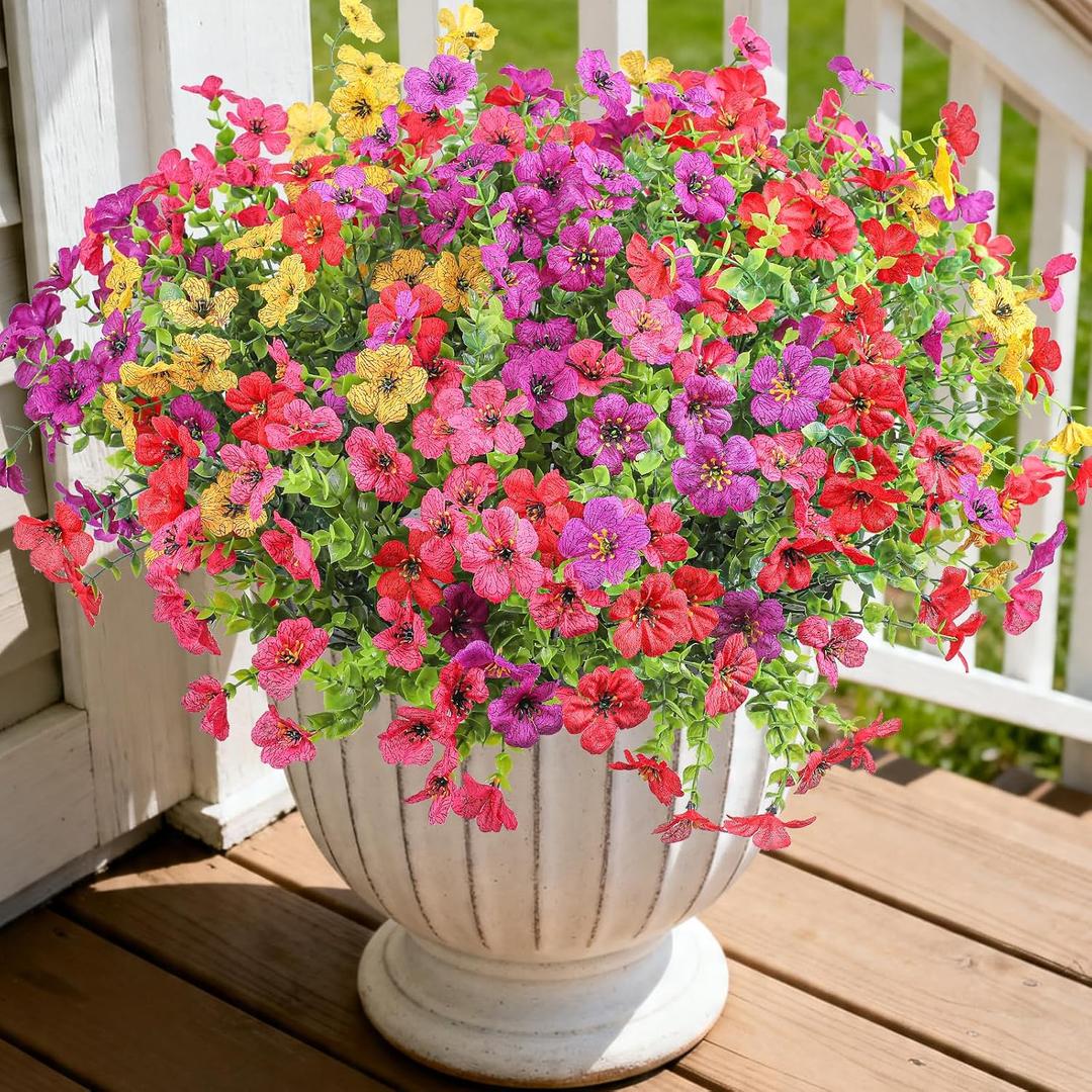 Artificial Fake Flowers Plants for Outdoors, 12 Bundles Multicolor Silk Faux Flower Spring Summer Decoration, UV Resistant No Fade Artificial Outdoor Plant for Home Planter Porch Patio Yard Decor