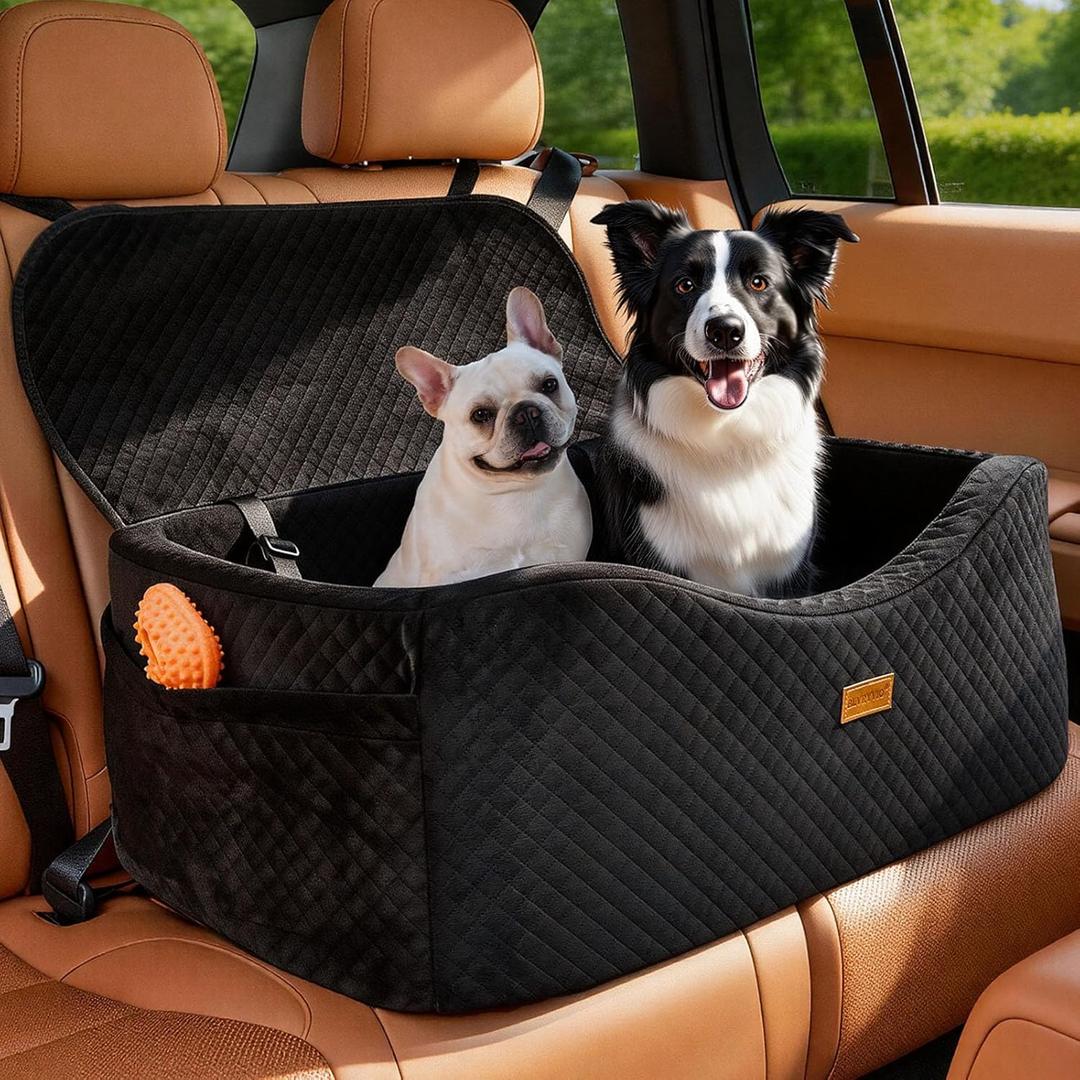 Dog Car Seat for Large Dogs up to 60 lbs or 2 Small Dogs with 4" Memory Foam, Back Seat Medium Pet Booster Seat with Triple Safety Belts, Adjustable Leashes, Detachable/Washable (Dark Black, Large)