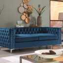 Iconic Home Da Vinci Modern Contemporary Velvet Button Tufted with Silver Nailhead Trim Silvertone Metal Leg Sofa, Navy