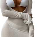 Lilosy Sexy Crochet Sheer Long Sleeve Cover Up Swim Bathing Suit Beach Dress One Piece (White, S)
