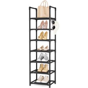 LANTEFUL Tall Shoe Rack 7 Tier Narrow Shoe Shelf Storage for 7-14 Pairs Shoe and Boot, Sturdy Shoe Storage Space Saving Corner Shoe Rack Organizer for Closet, Entryway, Living Room, Black