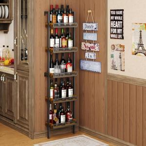 5-Tier Freestanding Racks: 50 Bottles Rack Shelf Wall Mounted with Fences, Wines Bottle Holder Display Shelf, Storage for Kitchen, Dining Room, Bar, Wood, 17.28''L x 7.95''W x 68.5''H