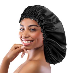 Silk Satin Bonnet for Sleeping Women - Hair Bonnet for Curly Frizzy Hair Care, Adjustable Sleep Cap, Double Layer Head Hair Wrap, Black (Large)