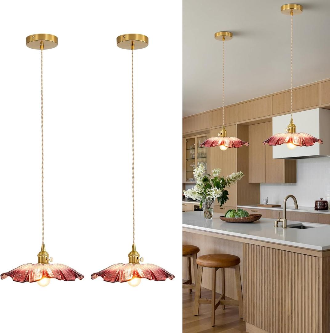GloMuse Pendant Lights Kitchen Island Glass Vintage Hanging Light Fixture Purple Flower Light E26 Gold Lights for Bedroom Kitchen Hallway Light Fixtures Bathroom Purple Sunflower Light 2 Pack