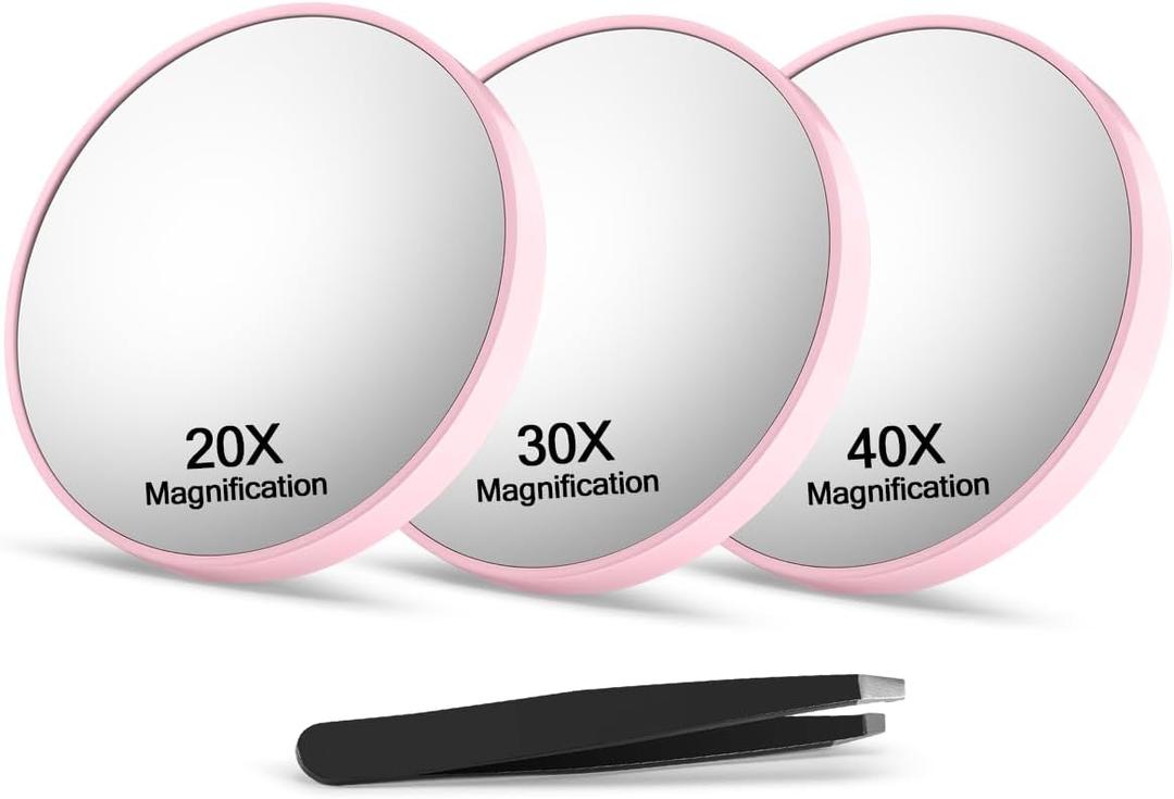 20X&30X&40X Magnifying Mirror Suction Cup, 3.5 in Small Magnified Mirror with Tweezers, Pink, Set of 3