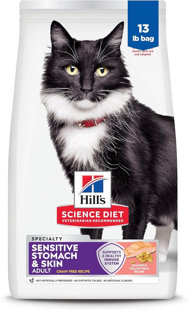 Hill's Science Diet Adult Sensitive Stomach & Skin Grain Free Dry Cat Food, Salmon & Yellow Pea, 13 lb. Bag (Updated Formula) (EXP 11/30/27)