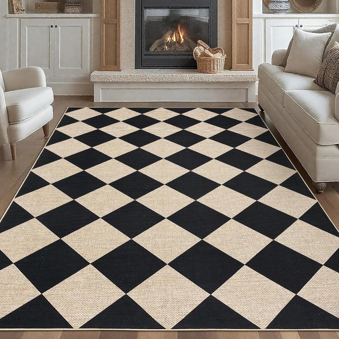 GarveeHome Checkered Easy Jute Area Rug 10x13 Machine Washable Non-Slip Stain Resistant Indoor Outdoor Rugs for Living Room, Bedroom, Kitchen, Dining, Patio Farmhouse Style Black