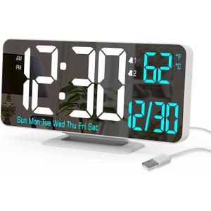 KOSUMOSU Digital LED Clocks for Bedrooms 6.7in White Alarm Clock, Dimming, 12/24h, Date, Day of Week,Temp,Desk Clock, LED Clock for Bedside, Digital Calendar Clocks for Living Room Essentials