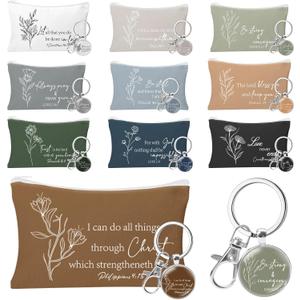 20 Pcs Christian Cosmetic Bags for Women Religious Gifts Canvas Pencil Pouch Makeup Bags with Bible Verse Keychains for Women Mother Employee Christmas Gift