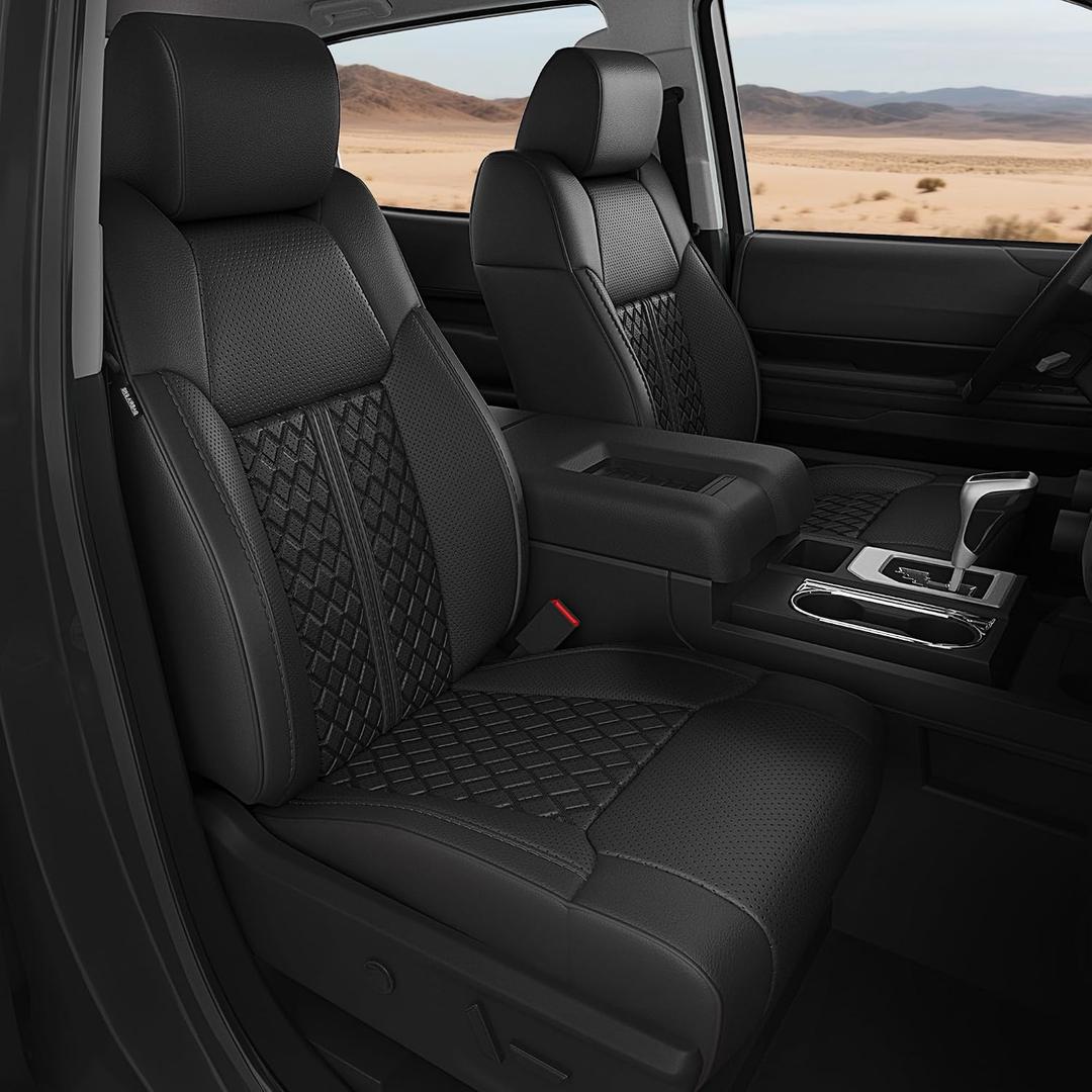 for Toyota Tundra Seat Covers Crew Max Only 2014 2015 2016 2017 2018 2019 2020 2021, Luxury Leather Custom Car Seat Covers Full Set, Black