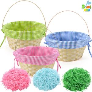 JOYIN 1 PCS Easter Bamboo Baskets with Plaid Lining and Handle and 3 Colors Grass Paper Shreds for Easter Egg Hunt, Kids Party Treats, Filling with Party Favors (Blue, Pink, Green)