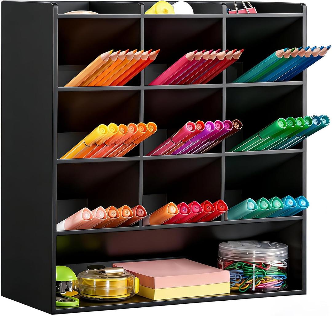 BEYGORM Acrylic Vertical Marker Organizer for 150 Markers with 13 Compartments, Angled Pen & Pencil Holder, Large Desk Stationery & Art Supply Storage for Office & School (10.2 x 9.8 x 4 Inch)