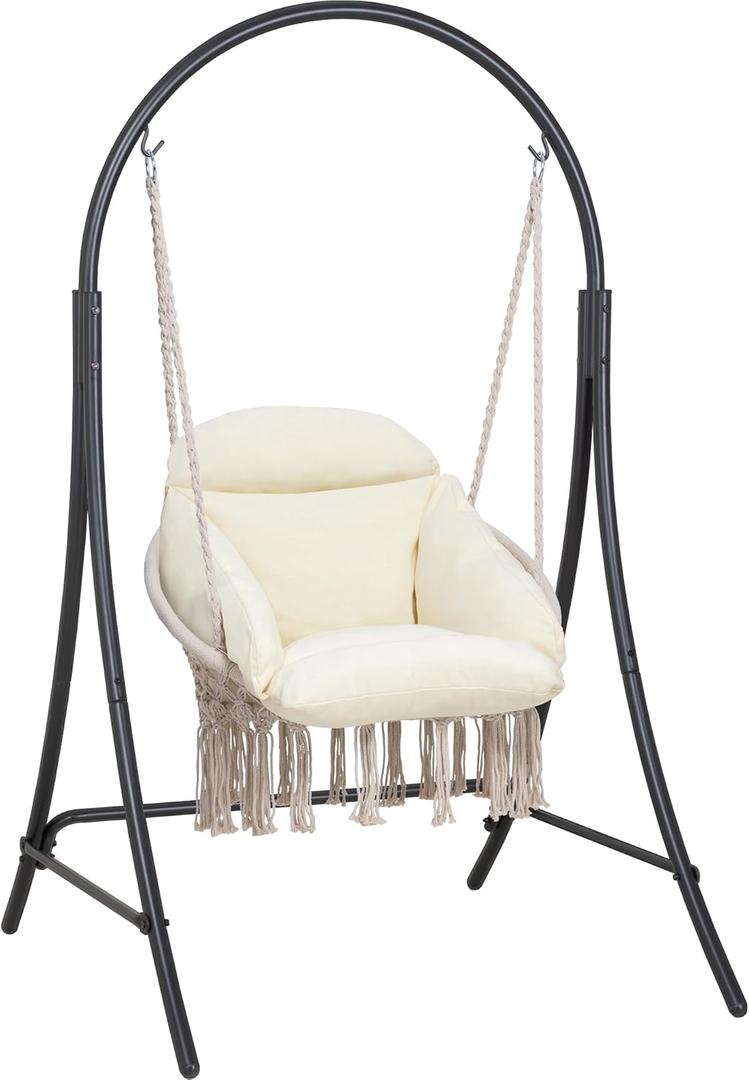 ANOW Macrame Hammock Chair with Stand, Heavy Duty Hanging Chair Stand with Swing Chair, Includes Luxury Padded Cushion, Max 400 Lbs, Natural