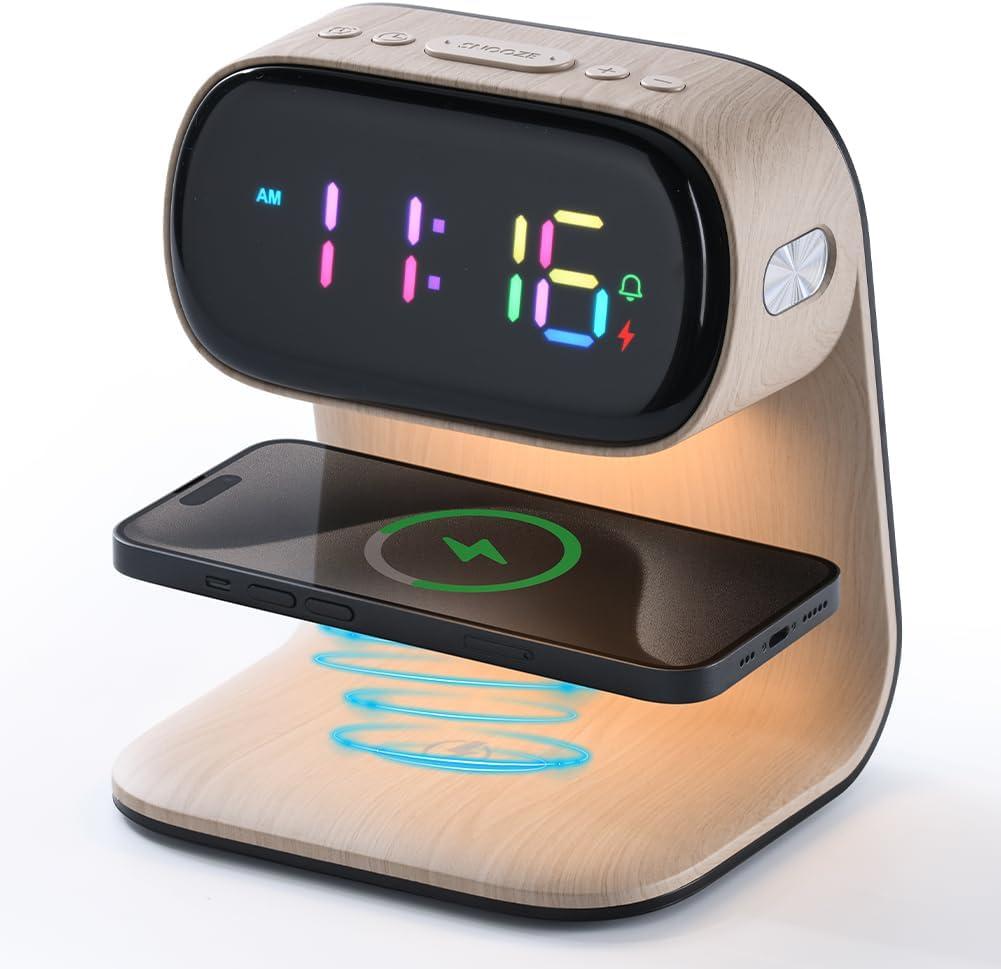WILIT Digital Alarm Clock with Wireless Charging,Colorful LED Display,Dimmable Night Light,Snooze Function,Modern Bedside Clock for Bedroom,Kids,Teens,Adults,Gift for Men and Women(Wood Grain)