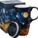 Topadorn Ceramic Coffee Travel Mug with Lid and Handle - 17 Oz Large Ceramic Latte Teacup with Color Box, Splash Resistant Lid - To Go Tumbler for Car Cup Holder, Starry Sky