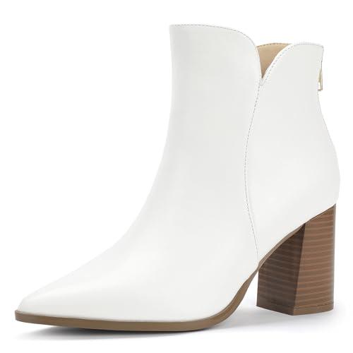 IDIFU White Ankle Boots for Women Chunky Block Short Heel Boot Comfortable Classic Pointed Toe Dress Booties Casual Dressy Fashion Side V Cutout with Zipper Fall Boots(White Pu, 5.5)