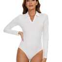 SHAPERIN Long Sleeve Bodysuit for Women V Neck Stretch Casual Collared Jumpsuit Leotard Top White 2XL