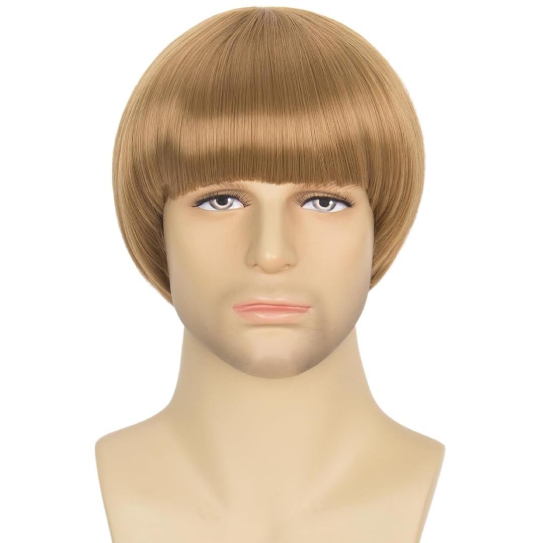 Miss U Hair Mens 60s Retro Bowl Cut Wig Short Straight Blonde Mushroom Bob Funny Wigs for Costume Cosplay