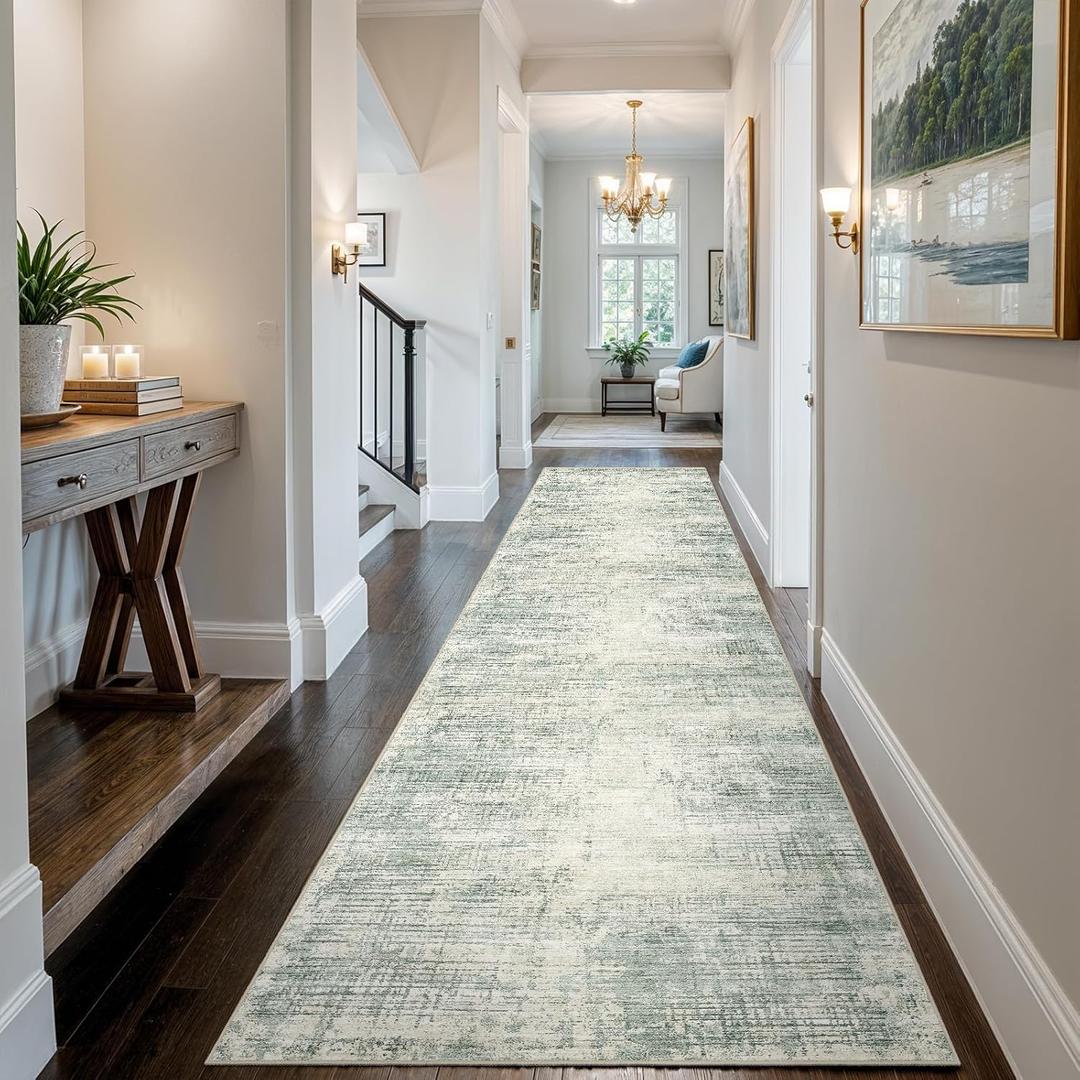3x14 Hallway Washable Runner Rug - Non-Slip Kitchen Rugs with Rubber Backing Abstract Neutral Low-Pile Carpet Runners for Laundry Room Home Decor Bedroom Bathroom Entryway (Green,3x14)