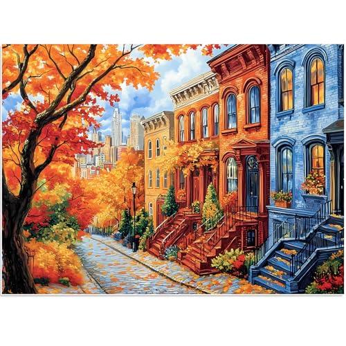 500 Pieces Jigsaw Puzzles for Adults, Beautiful Fall Street Puzzle for Adults Elderly, Recycled Paper Autumn Puzzle 500 Pieces, Glossy, Sturdy Pieces Challenging Family Game (20.5x15in)