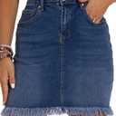 GUANYY Womens Denim Skirt Raw Hem Bodycon Stretch Casual High Waisted Jean Mini Skirt (Blue, L)