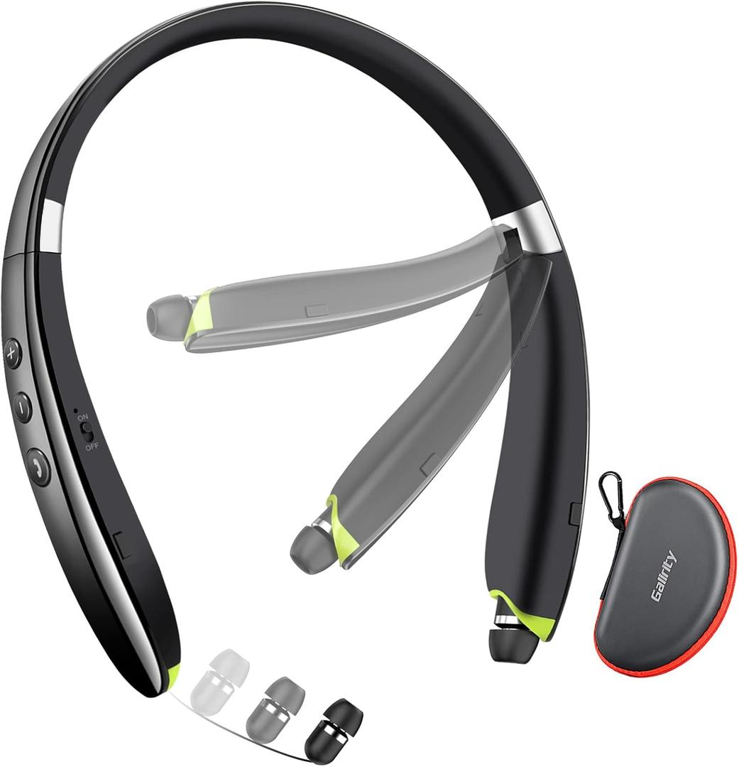 Bluetooth Headset, 2026 Upgraded Neckband Bluetooth Headphones with Retractable Earbuds, Noise Cancelling Stereo Earphones with Mic, Foldable Wireless Headphones for Sports Office with Carry Case