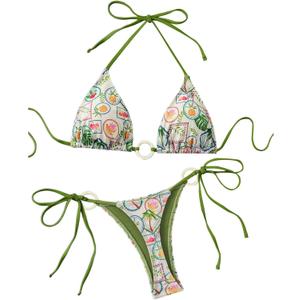 GORGLITTER Women's Strawberry Bikini Set 2 Piece Heart Ring Backless Triangle Bra High Waisted Thong Swimsuit 2025 (Green) S 