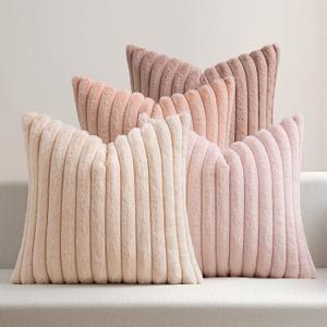 MIULEE Faux Fur Plush Decorative Throw Pillow Covers 18x18 Set of 4, Valentine's Day Cute Modern Soft Romantic Fuzzy Striped Cushion Covers Girl for Sofa Couch Bed Living Room Cozy Home Decor,Pink