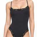 Women Spaghetti Strap Lace Bodysuit Tummy Control Going Out Tops Sleeveless Tank Bodysuits Top Comfy Undershirt (Medium, Black)