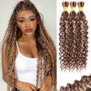 16 Inch Highlight Water Wave Human Braiding Hair for Boho Braids, P4/27/30 Ombre Brown Blonde Deep Water Wave Curly Boho Braids Hair Extensions 110g for Braiding Knotless 3 Bundles/Pack