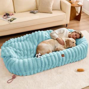 ChiXnuggle Human Sized Dog Bed for Adults, Giant Faux Fur Striped Washable Dog Bed with Orthopedic Foam Support and Blanket, Cozy Lounger for Reading, Napping & Cuddling with Pets, 72"x40"x10", Blue