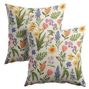 Spring Yellow Pink Purple Flowers Throw Pillow Covers 18X18 Inches Set of 2 Sage Green Leaves Vintage Botanical Plants Pillowcase Soft Cotton Linen Square Spring Cushion Covers for Home Sofa Bedroom