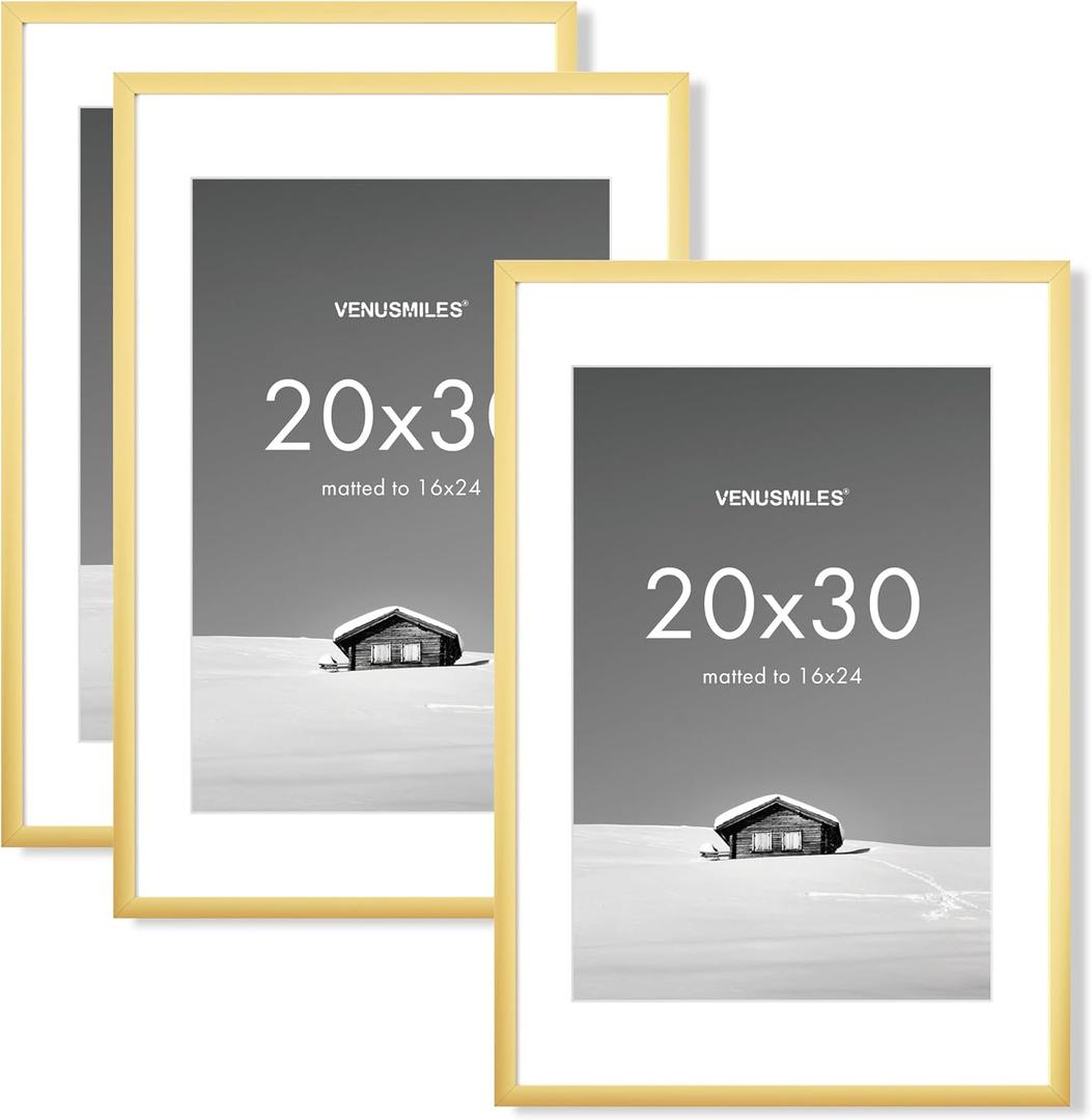 20x30 inch Picture Frame, 20x30 Photo Frames with 16x24 Removable Mat - High Definition Plexiglass - Vertical and Horizontal Display - Wall Hanging Poster Frame - Gold, 3 Pack (20x30, 3P)