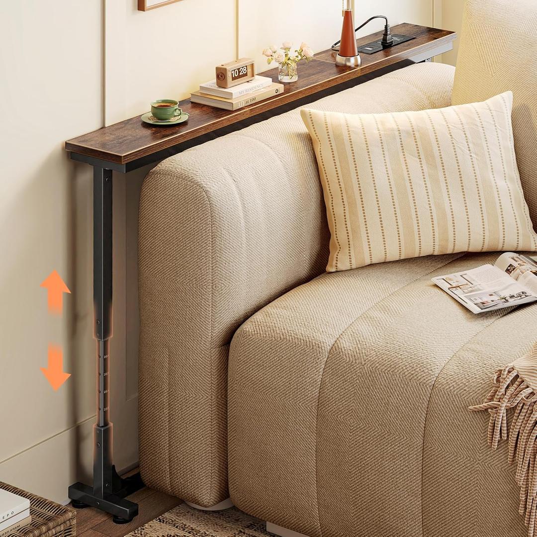 Huuger 39.4 Inch Behind Couch Table with Power Outlet, 23.9-34.4 Height Adjustable Range, Slim Console Table with USB-C Port, Behind Sofa Table Narrow Long, for Small Spaces, Rustic Brown