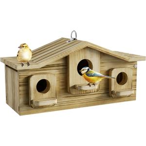 Auslar Bird House, Bird Houses for Outside for 3 Bird Families, Wooden Birdhouse for Outdoors, 3 Hole Hanging Bluebird House for Cardinals Finch Wren Swallow for Garden Viewing