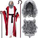 6 Pcs Mose Costume Satin Pesach Biblical Costumes Accessory Wig Beard Cane for Passover Seder Church Plays Adult