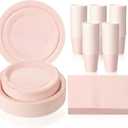 Tioncy 200 Pcs Disposable Paper Plates Cups and Napkins Party Supplies Serve 50 Guests Disposable Paper Dinnerware Set for Birthday Wedding Baby Shower Family Picnic(Pastel Pink)