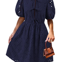 KIRUNDO Eyelet Summer Dresses for Women 2025 Short Sleeve Tie Front Babydoll A Line Wedding Guest Beach Vacation Sundress S