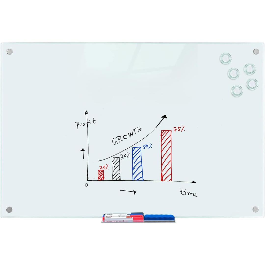 maxtek Magnetic Glass Dry Erase White Board, 30 x 18 Inches Glass Board for Wall Mounted, Includes 6 Magnets, 3 Markers and 1 Eraser for Classroom Home, Office Supplies (White)