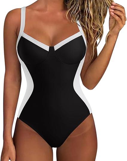 SUUKSESS Womens Tummy Control Slimming One Piece Swimsuits Sexy V Neck Crisscross Back Bathing Suits Push up Swimwear (Large)