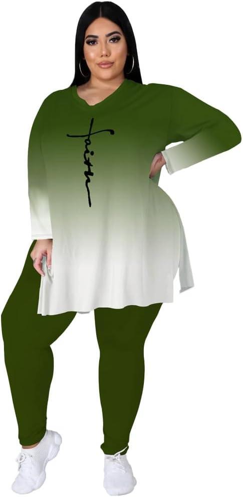 Women's Plus Size Two Piece Outfits Loungewear Sets Long Sleeve Oversized Tshirts Sweatpants Sweatsuits Sets (X-Large Plus, Dark Green Gradual)
