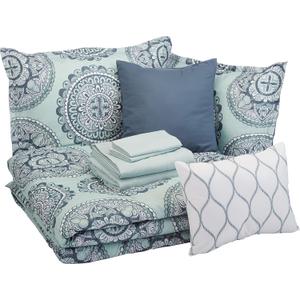 Amazon Basics 10-Piece Bed-in-a-Bag Comforter Set, Soft, Lightweight Microfiber, Full/Queen, Sea Foam Medallion