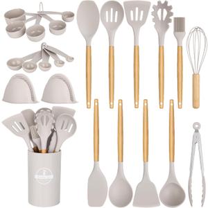 24 Pcs Kitchen Cooking Utensils Set,446F Heat Resistant Non-Stick Silicone Kitchen Utensil Set With Wooden Handles and Holder,Kitchen Gadgets for Cookware,Kitchen Accessories,Khaki (White)