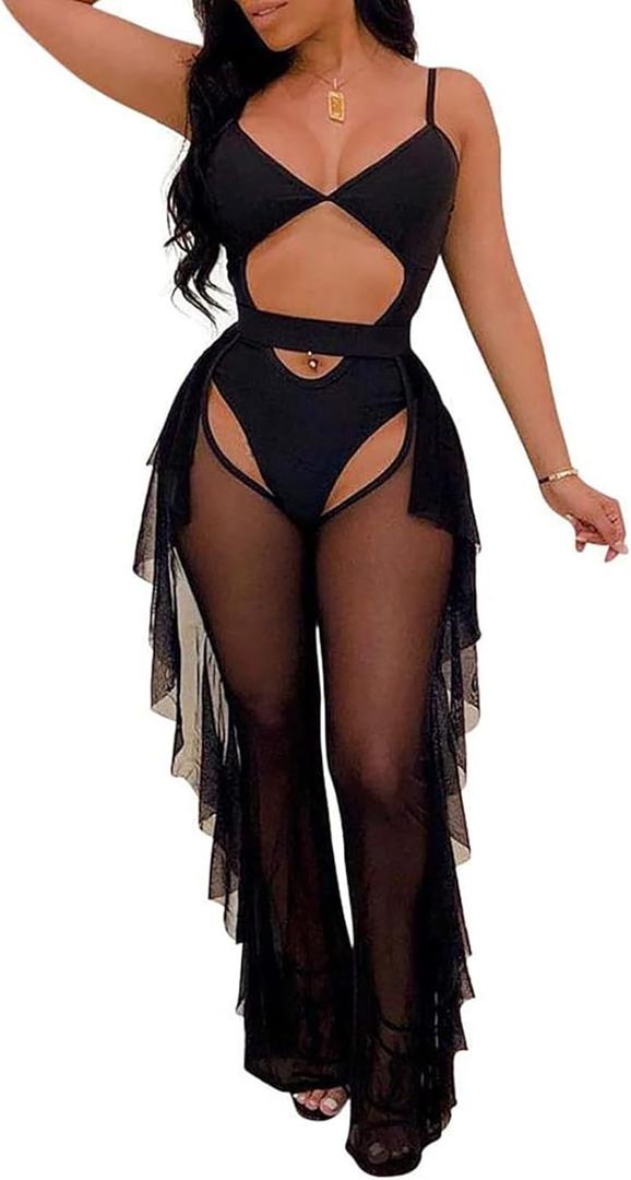 Women 2 Piece Outfits Bikini Swimsuit - Sexy See Through Mesh Crop Top Ruffle Long Pant Jumpsuits Beach Cover Up (XX-Large)