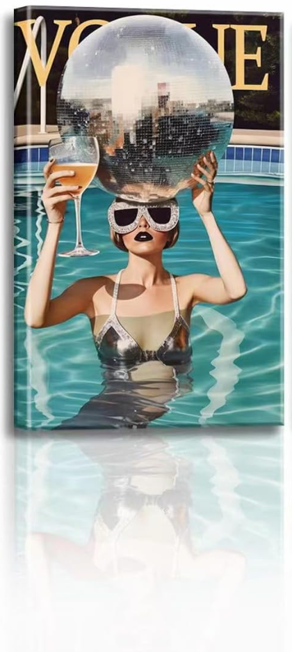 Godont Summer Blue Pool Hot Girls Disco Ball Posters Blue Pool Bikini Wall Art Retro Cocktail Wall Art Aesthetic Paintings Girls Dormitory Canvas Decoration 12x16x3 Inches (12x16Unframed)
