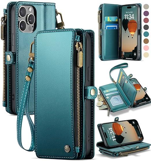 Defencase for iPhone 14 Pro Case, RFID Blocking iPhone 14 Pro Wallet Case for Women and Men with Credit Card Holder Zipper PU Leather Protective Cover for Apple iPhone 14 Pro Phone Case, Blue Green