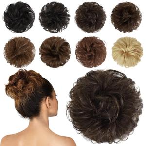 FESHFEN Human Messy Buns - 100% Human Hair Bun Real Scrunchies Hair Pieces Ponytail Extensions Wavy Tousled Updo Chignon Hairpieces for Women, Brown