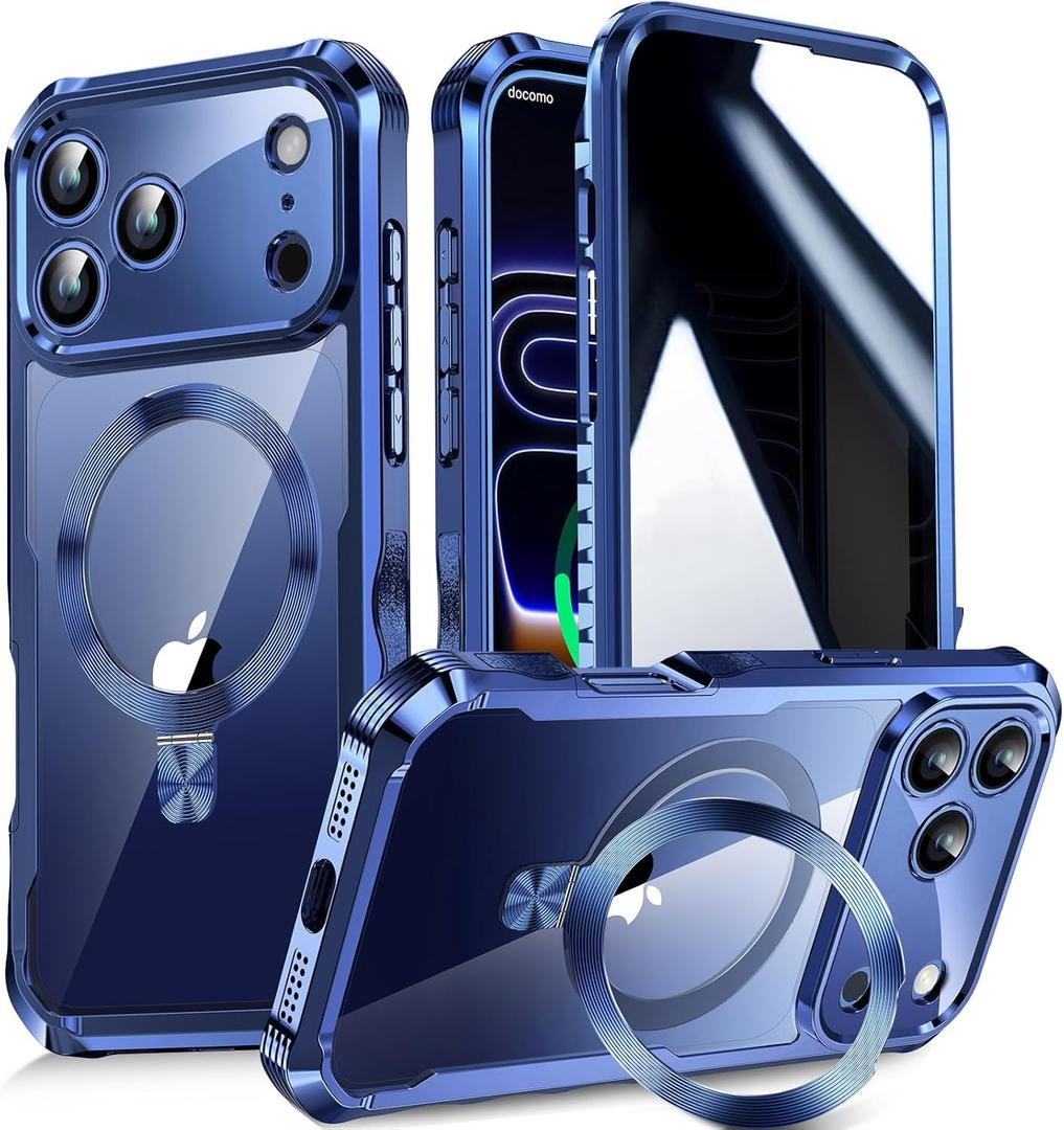 Reukdnv [Built-in Privacy Screen Protector & Invisible Ring Stand] Privacy Case for iPhone 17 Pro 6.3'' [Soft Bumper Full Signal] [Compatible with MagSafe] Full-Body Shockproof Clear Case, Blue